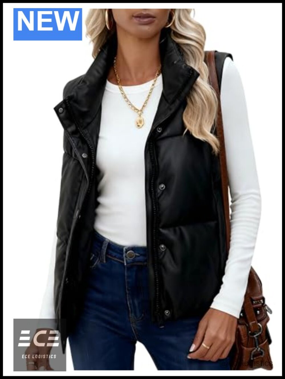 PU Leather Cropped Puffer Vest Faux Leather Zip Up Sleeveless Jacket